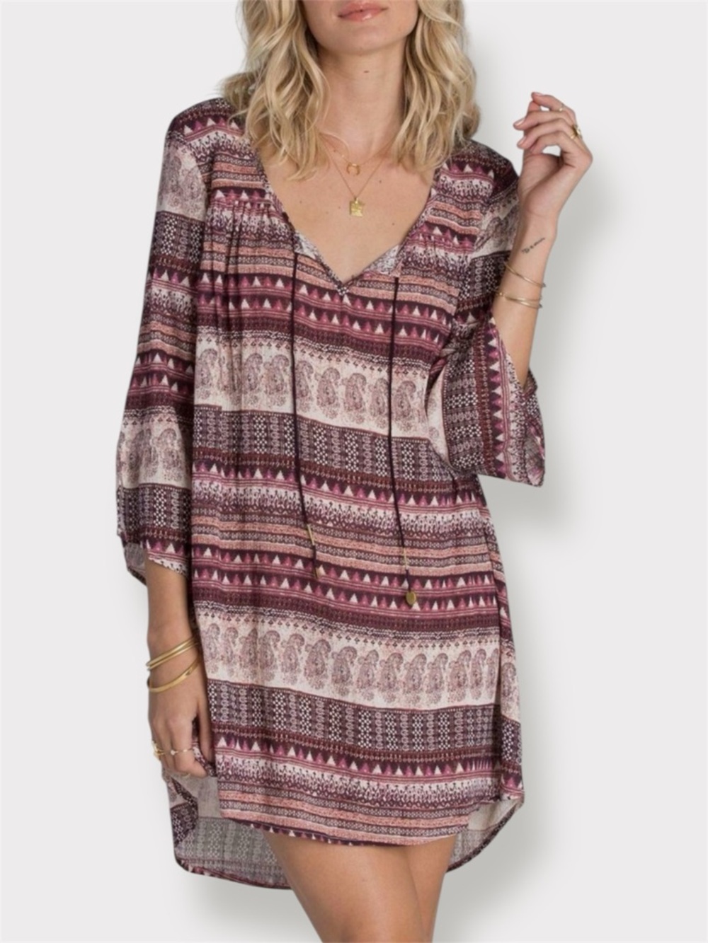 Billabong “Take Me Away” Boho Tunic Mini Dress Rayon Size Large